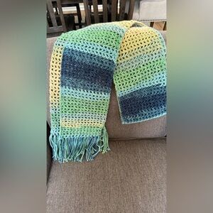New Gorgeous handmade Colorful, blue, green and taupes Scarf. Warm and cozy